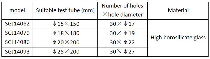 Parameters of glass test tube rack