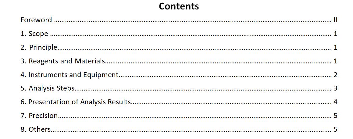 Determination of Tin in Food 1 - National Food Safety Standard-2, AFS, GB5009.16-2014, table of contents