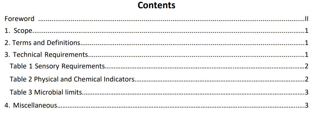 Packaged Water for Drinking, Food Safety Standard of Chin, Table of contents of GB19298-2014